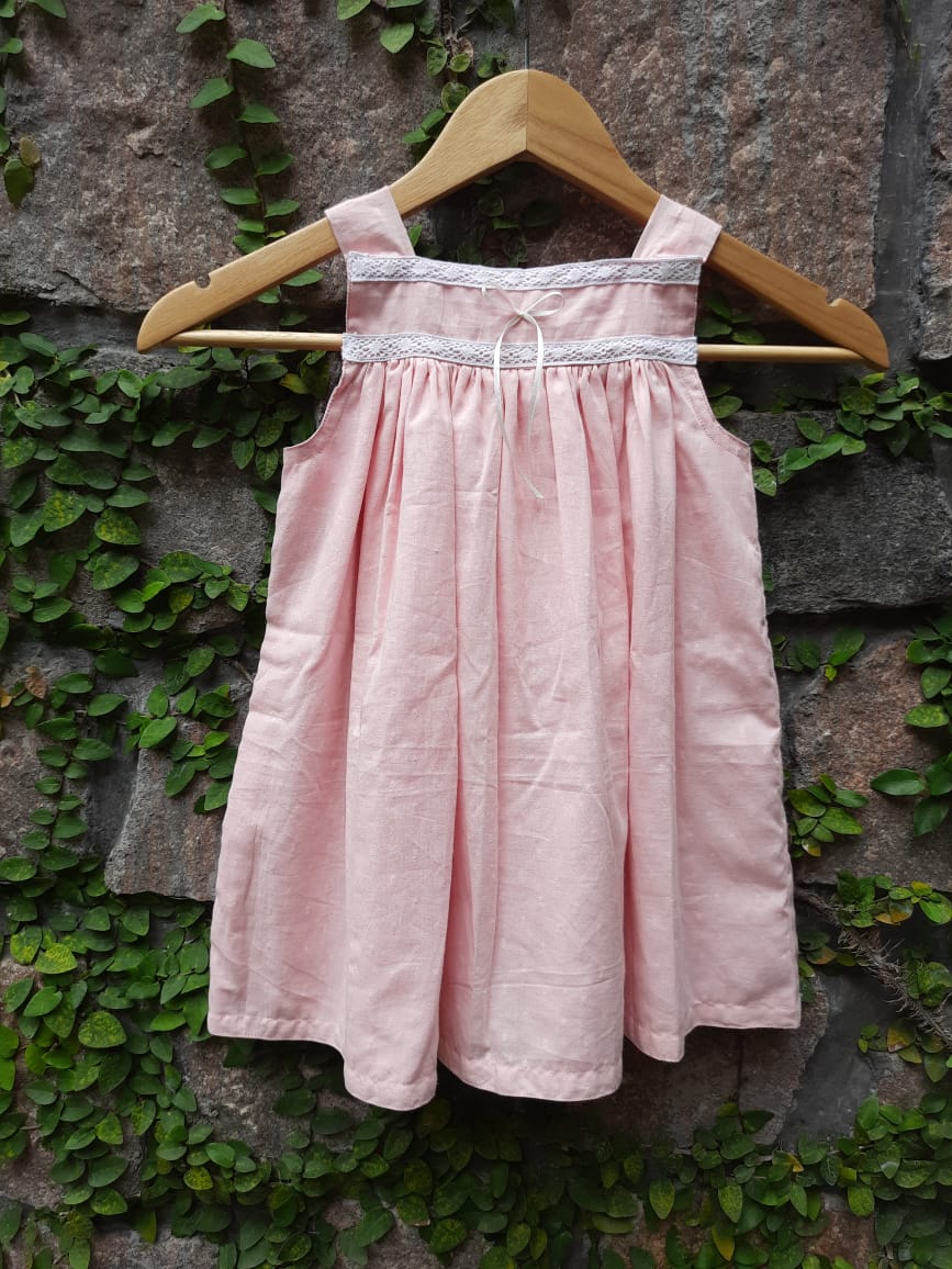 Baby Pink Dress - Size 20 (3 years)  Self designed soft cotton fabric detailed with crochet lace and satin bow