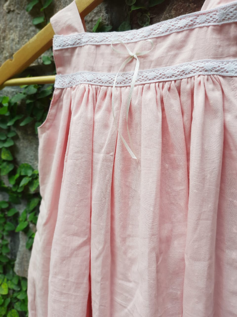Baby Pink Dress - Size 20 (3 years)  Self designed soft cotton fabric detailed with crochet lace and satin bow